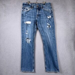 Hollister Jeans Mens 31x32 Blue Whiskered Distressed Preppy Grunge Denim‎ Y2K